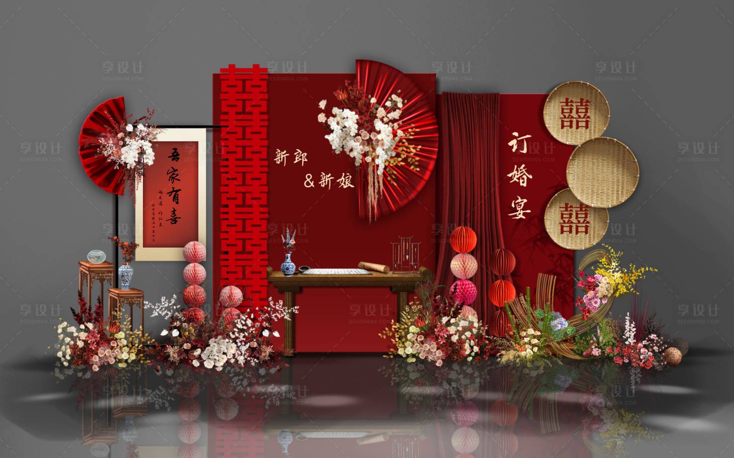 源文件下载【享设计】搜索编号：79460035118063345【新中式结婚红色订婚宴婚礼】