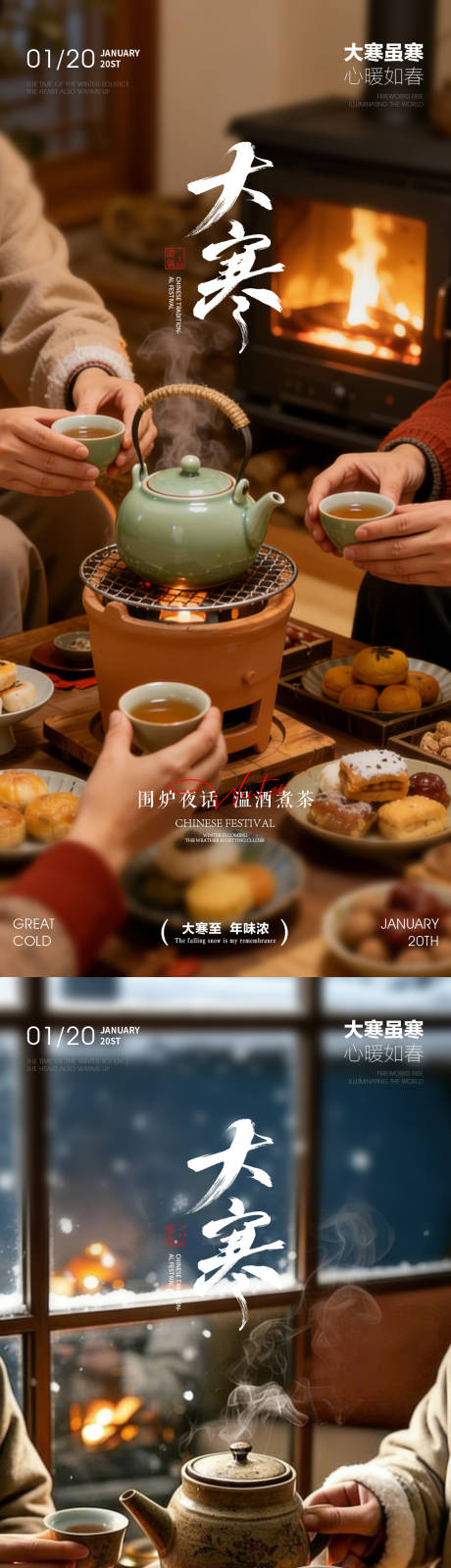 源文件下载【享设计】搜索编号：41600034853663856【大寒节气围炉夜话温酒煮茶系列海报】