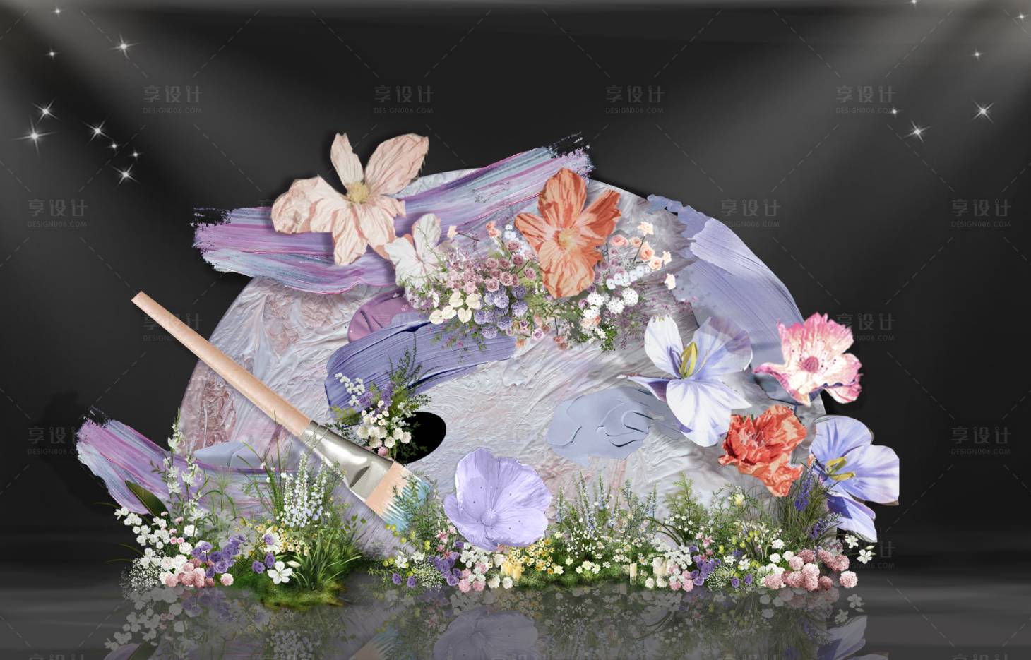 源文件下载【享设计】搜索编号：78990035117935028【紫色小众婚礼花朵莫奈油画风迎宾区美陈】