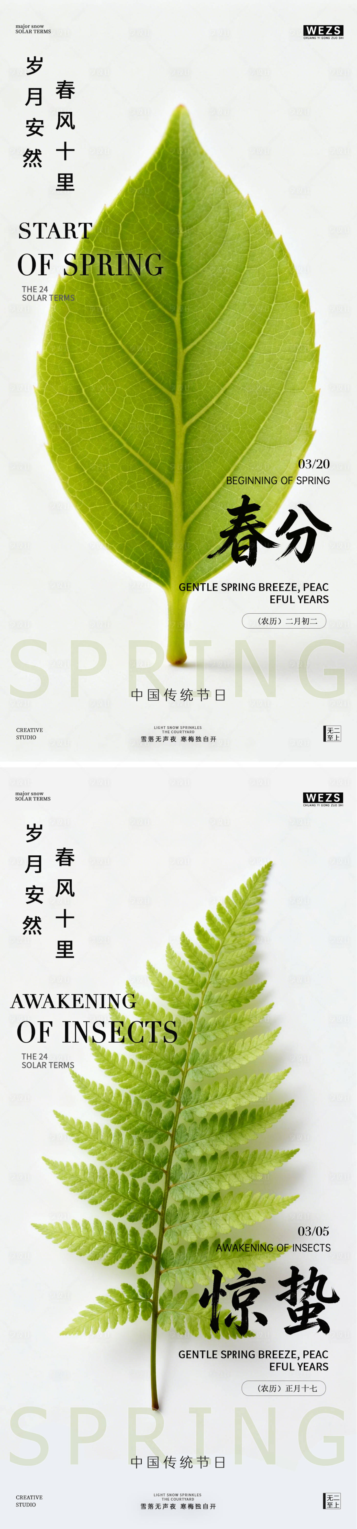 源文件下载【享设计】搜索编号：19040035509008470【惊蛰春分叶子系列海报】