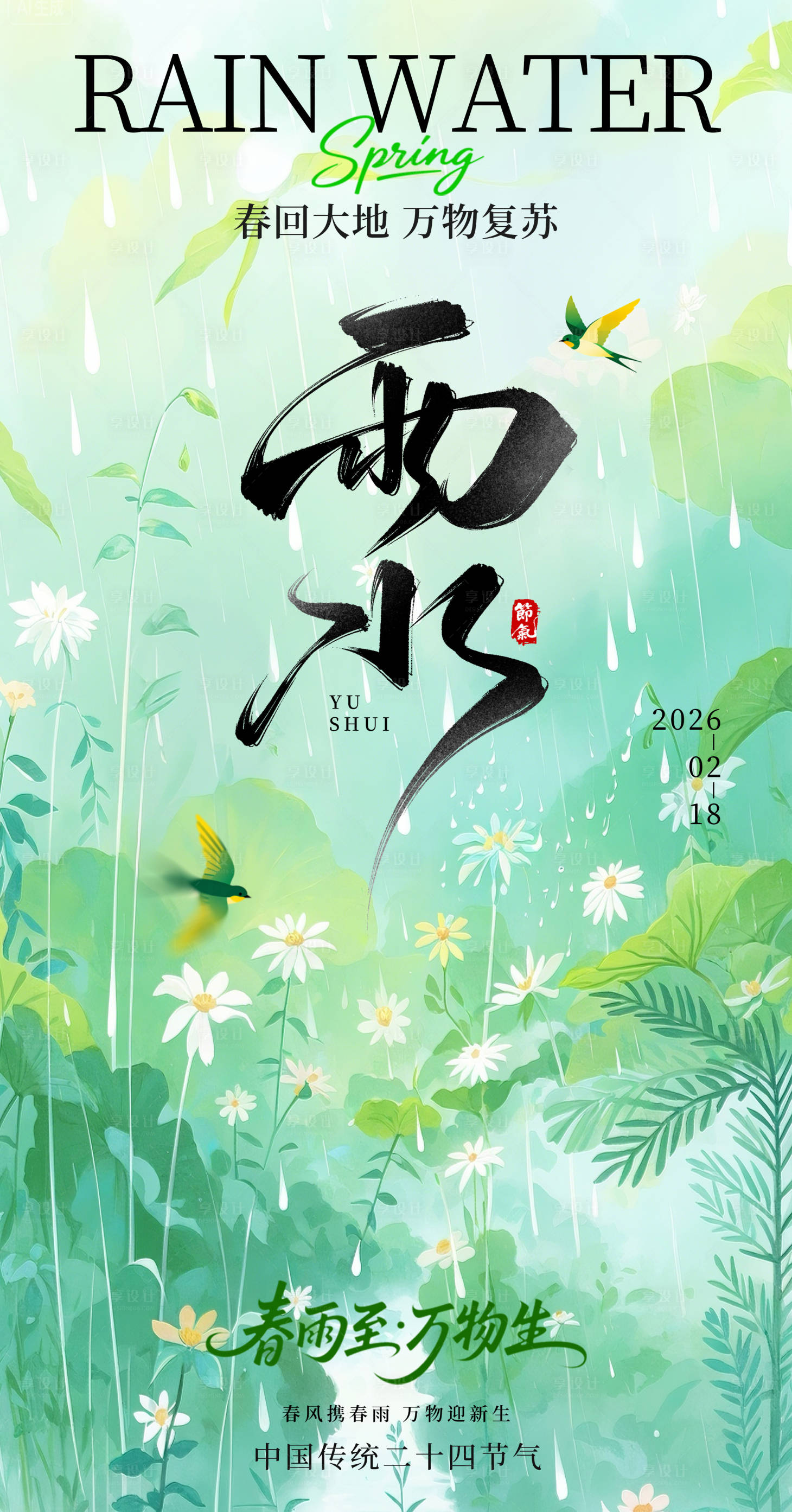 源文件下载【享设计】搜索编号：40070035385618147【中国风24节气雨水节气海报春日宣传】