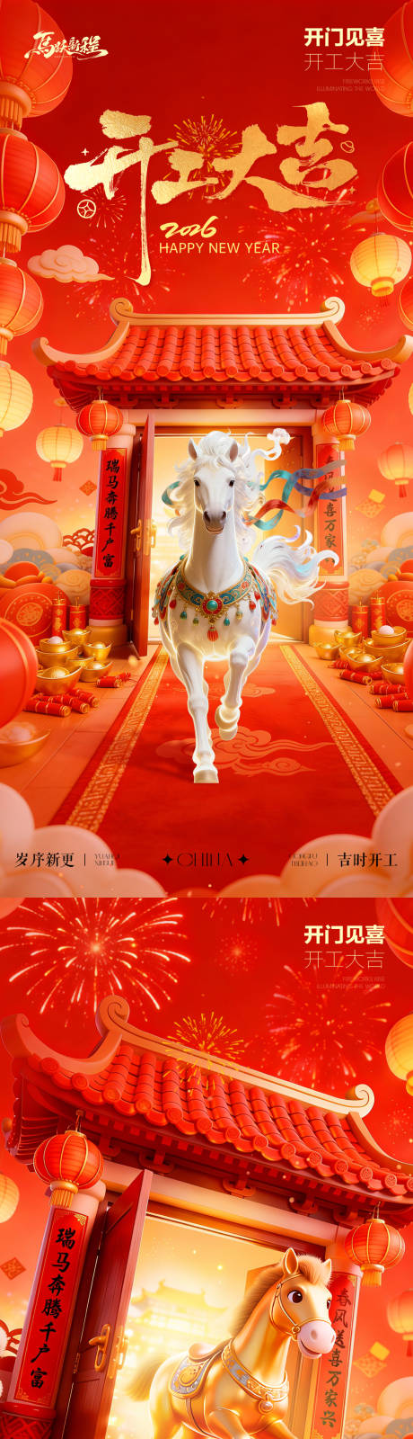 源文件下载【享设计】搜索编号：54390035406183752【2026马年开工大吉红金系列海报】