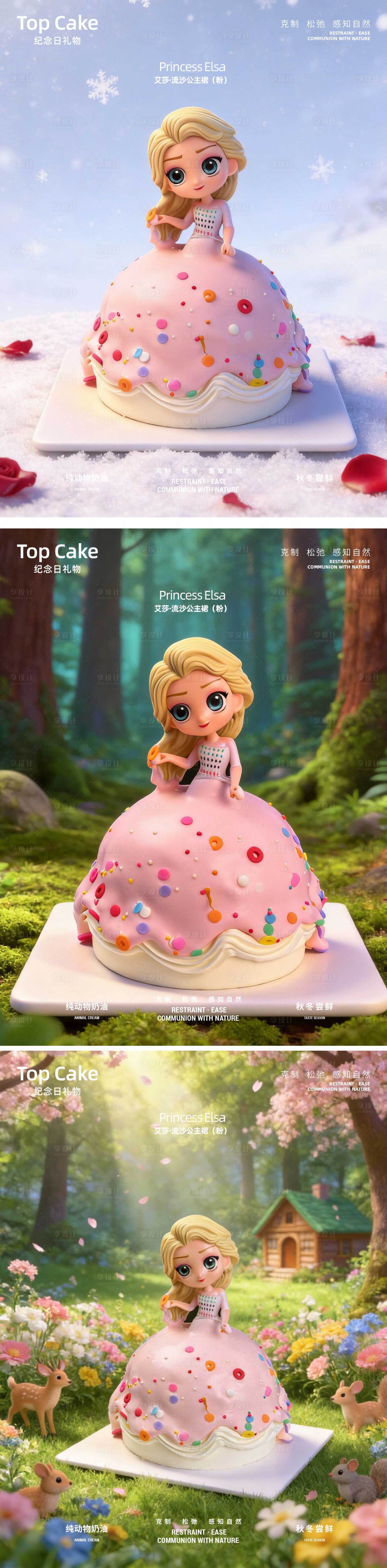 源文件下载【享设计】搜索编号：51510035336085106【艾莎流沙公主裙蛋糕创意海报】