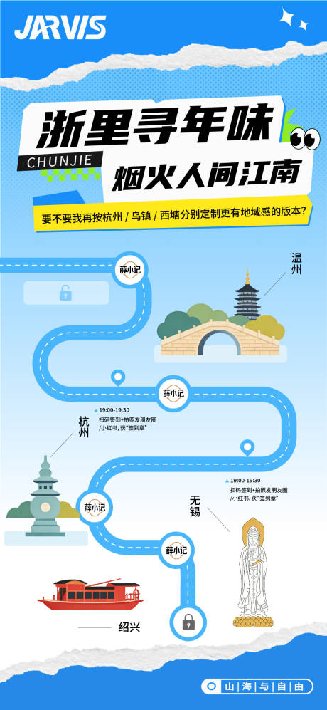 源文件下载【享设计】搜索编号：14010035554415511【蓝色春节旅行景点路线手绘海报】