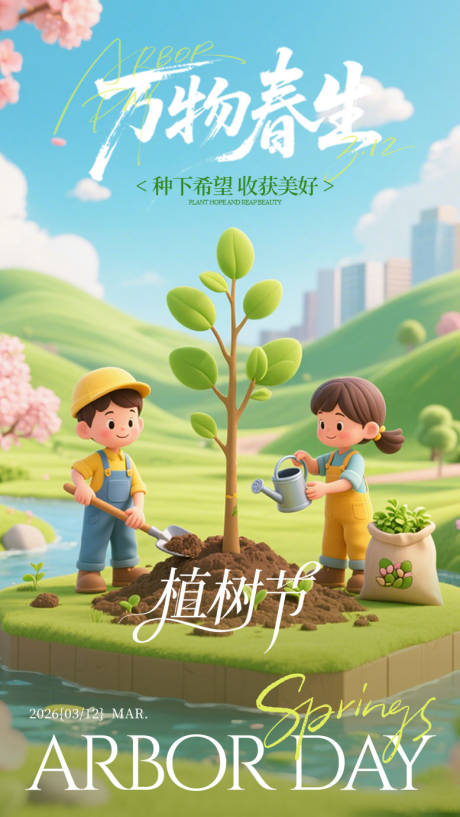 源文件下载【享设计】搜索编号：93770035452601900【蓝绿色插画植树节海报】