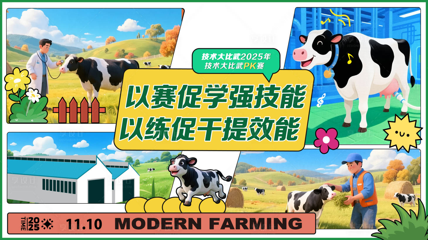 源文件下載【享設(shè)計(jì)】搜索編號(hào)：61110035348402003【藍(lán)綠科技牧場(chǎng)奶牛卡通背景板】