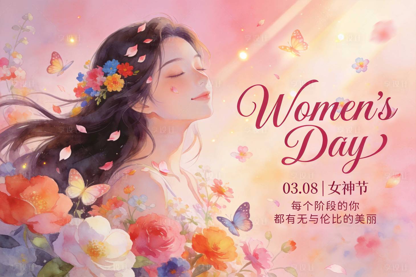 源文件下载【享设计】搜索编号：73010035623245110【38女神节插画唯美海报】