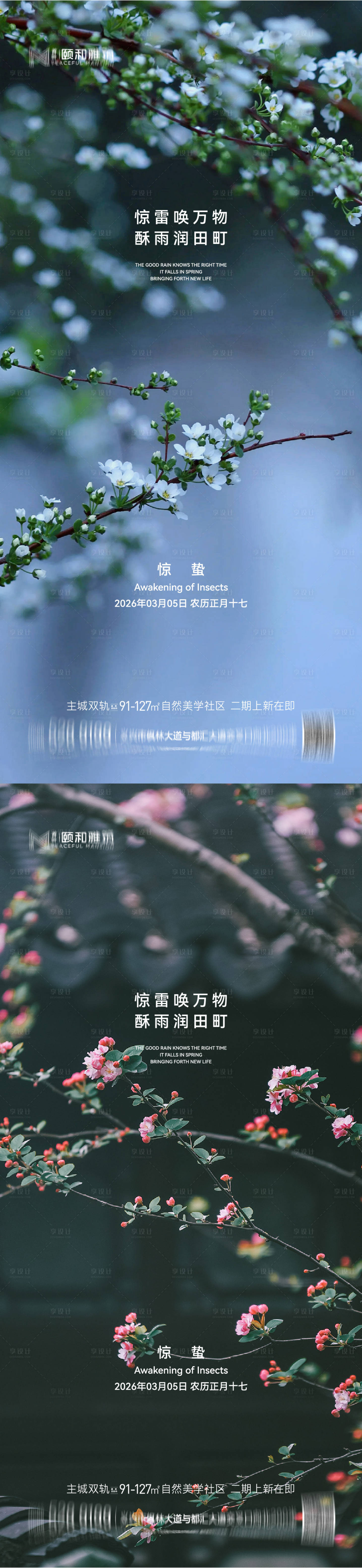 源文件下载【享设计】搜索编号：17100035599764009【惊蛰节气桃花梨花系列海报】