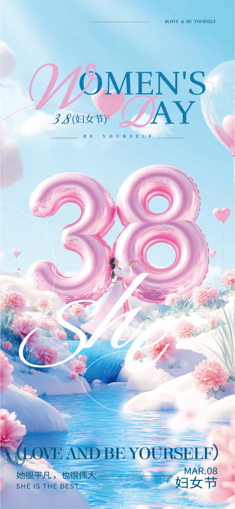 源文件下载【享设计】搜索编号：94480035674762051【38妇女节梦幻3d海报】