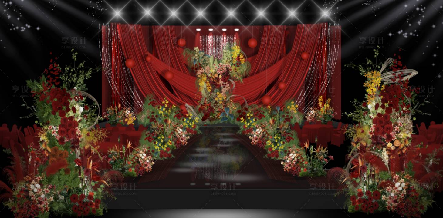源文件下载【享设计】搜索编号：94510036137539619【红色布幔婚礼效果图背景板】