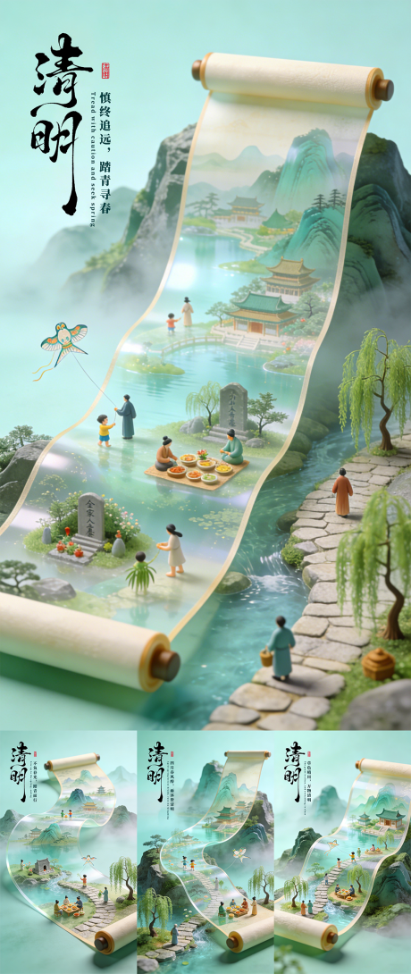 源文件下载【享设计】搜索编号：94300036103288636【3D渲染清明节气踏青画卷海报】