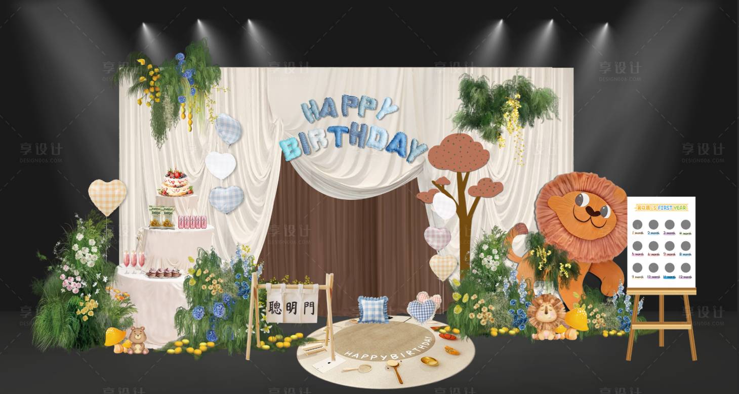 源文件下载【享设计】搜索编号：74600035844258775【森系小狮子王生日背景】