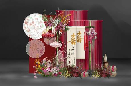 源文件下载【享设计】搜索编号：86400035730297191【红色南洋风婚礼背景效果图】