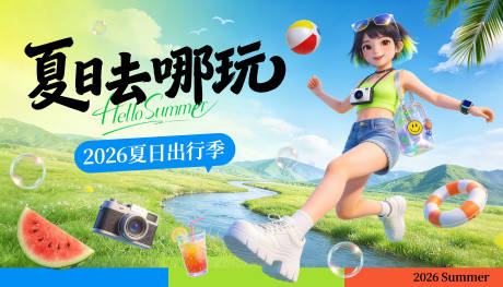 源文件下载【享设计】搜索编号：20400036073954587【卡通插画夏日主题背景海报】