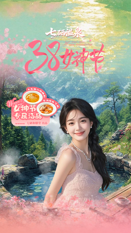 源文件下载【享设计】搜索编号：52400036148887423【温泉酒店女神节直播间贴片海报】