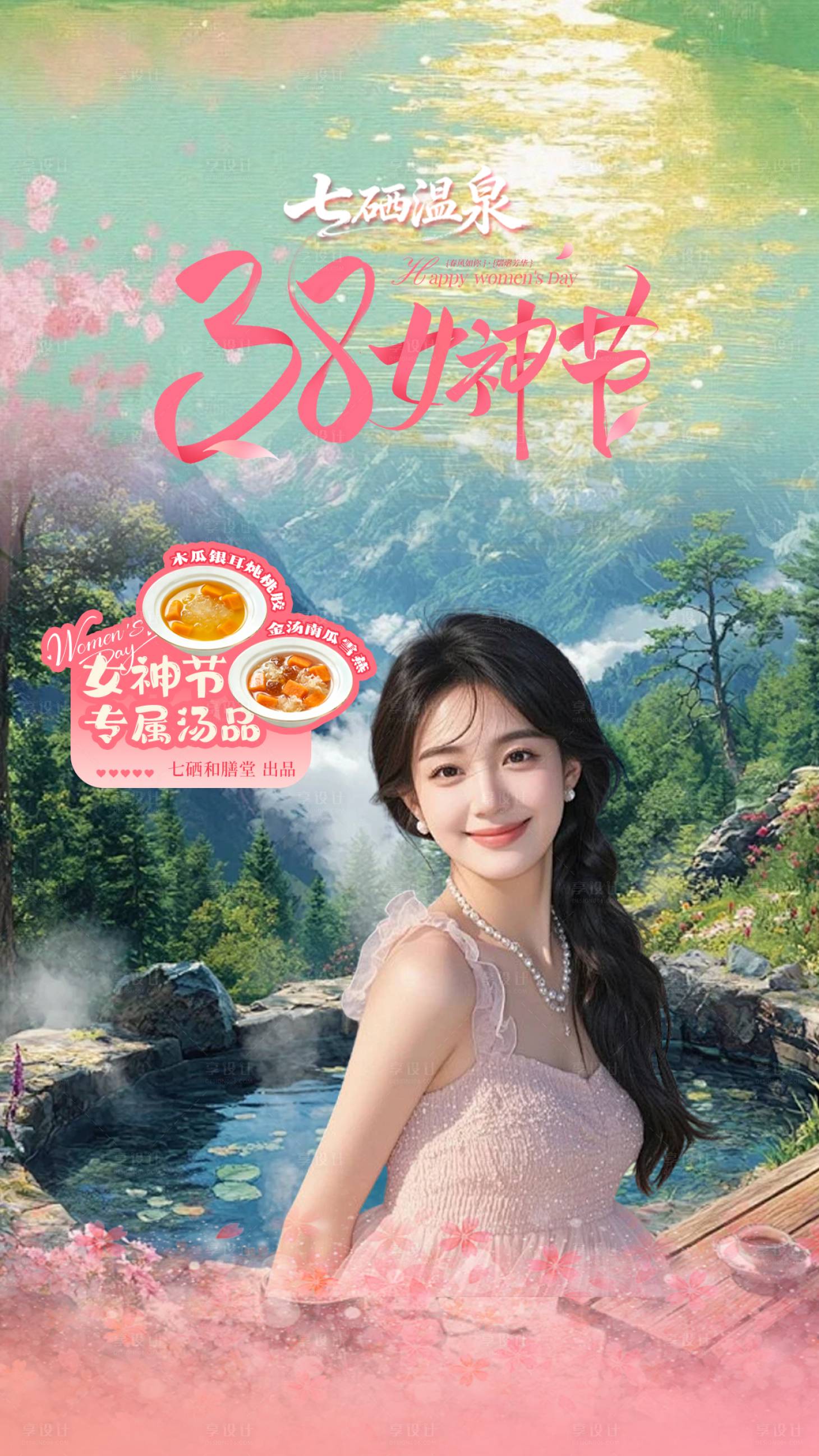 源文件下载【享设计】搜索编号：52400036148887423【温泉酒店女神节直播间贴片海报】