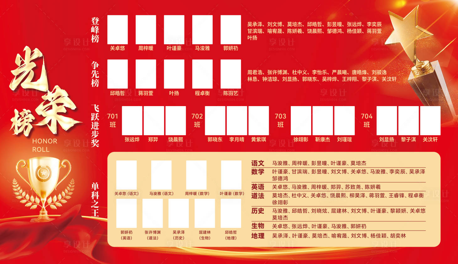 源文件下载【享设计】搜索编号：61450036121821807【学生单科光荣榜背景板】