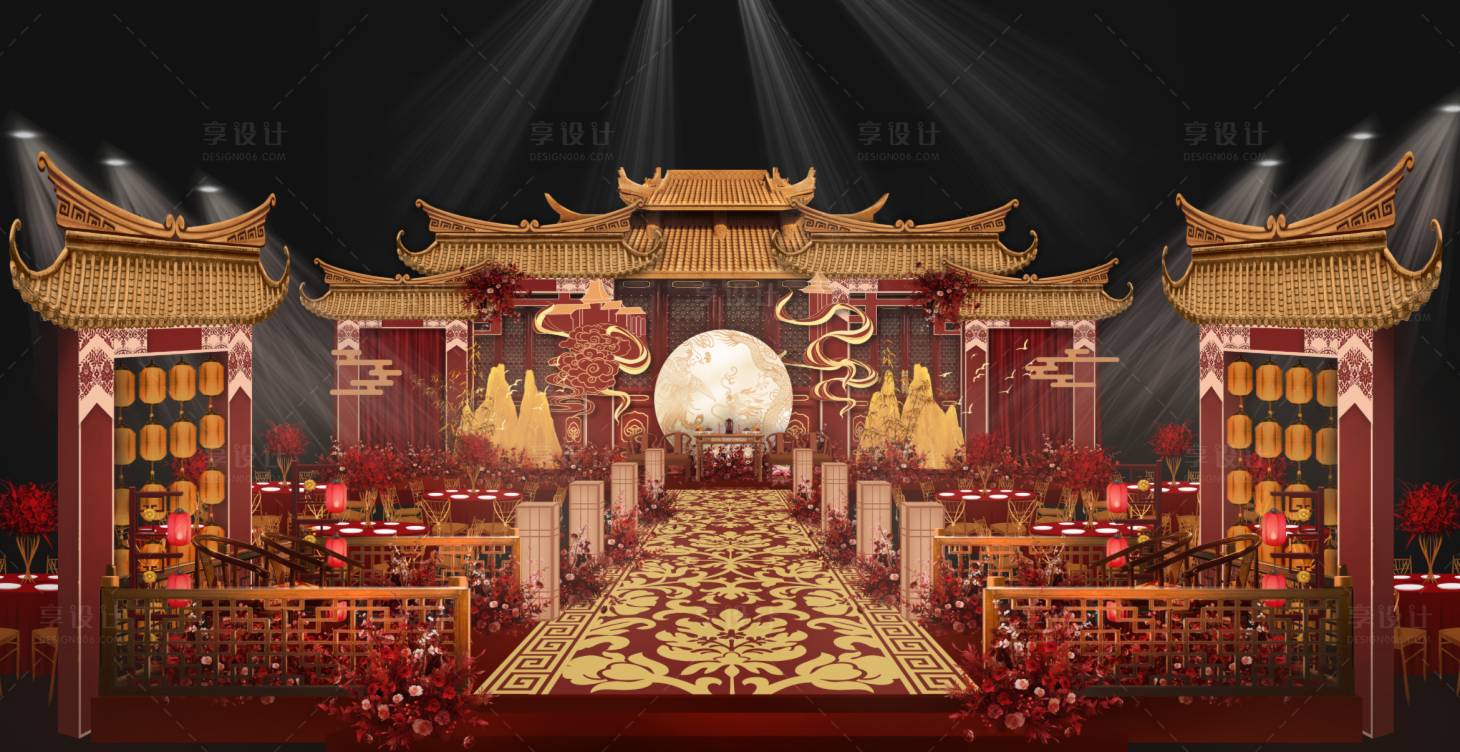源文件下载【享设计】搜索编号：56470035776602106【红色中式婚礼舞台背景】