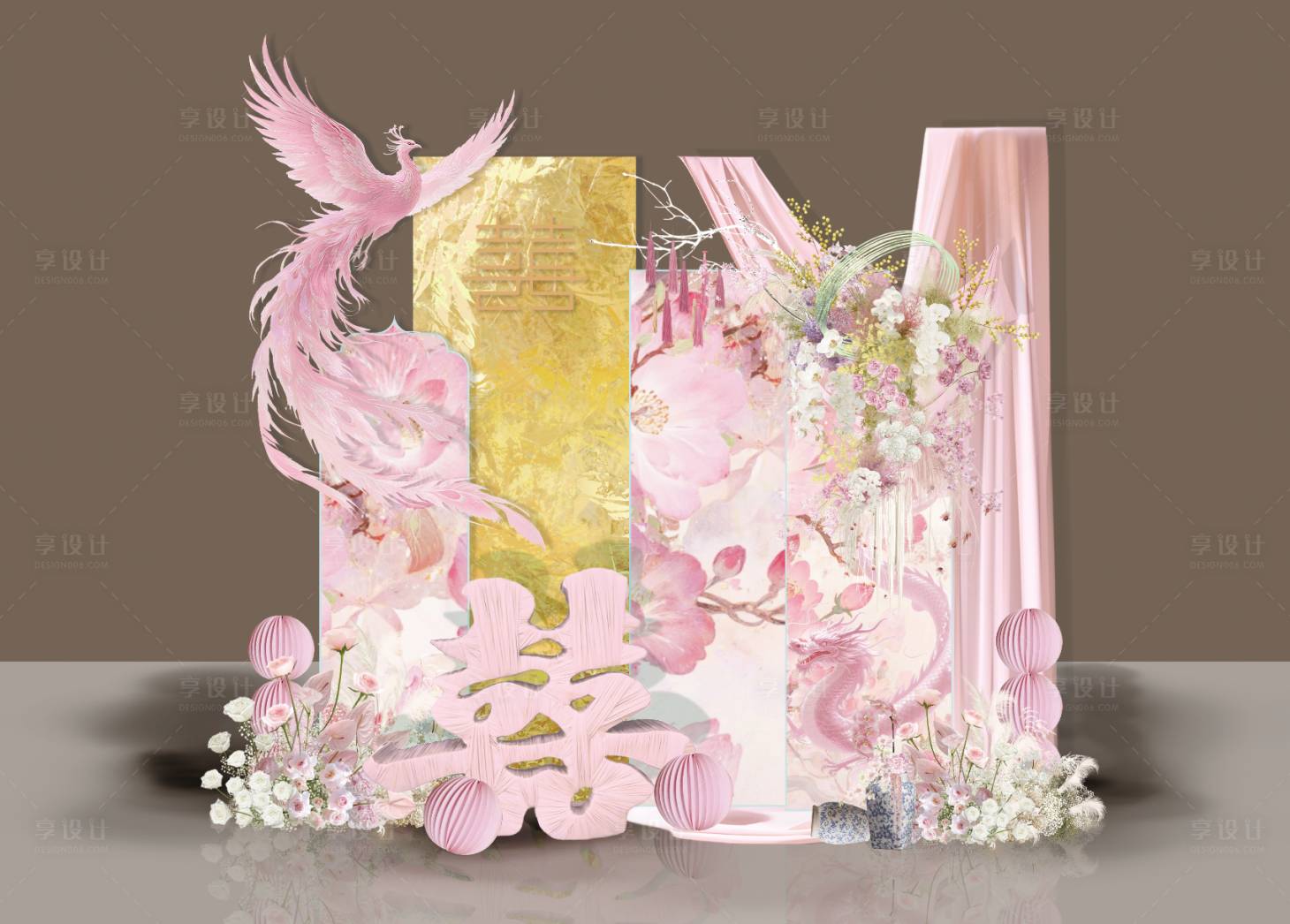 源文件下载【享设计】搜索编号：23670035761817102【中式粉色龙凤婚礼背景】