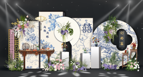 源文件下载【享设计】搜索编号：67520036438825736【青花瓷中式订婚美陈】