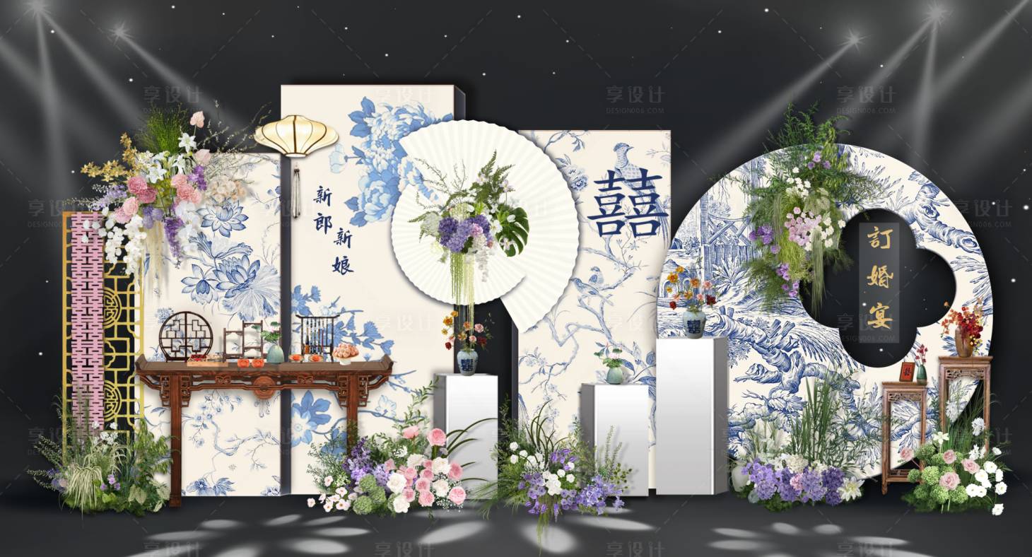 源文件下载【享设计】搜索编号：67520036438825736【青花瓷中式订婚美陈】