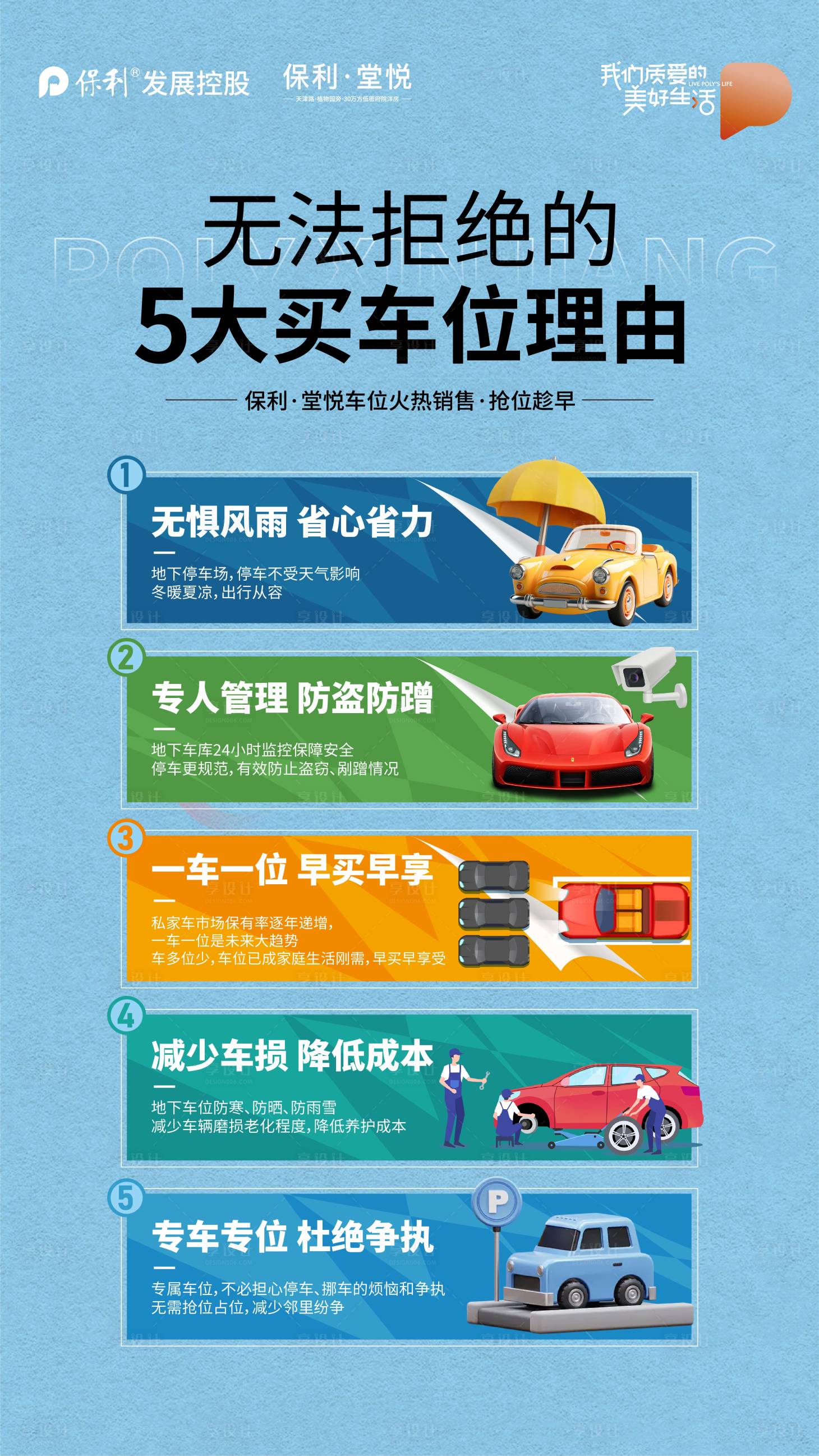 源文件下载【享设计】搜索编号：45050036372244017【车位销售5大理由创意展板】