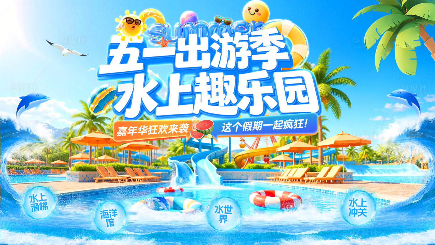 源文件下载【享设计】搜索编号：27130036264505436【五一踏青出游水上乐园活动展板】