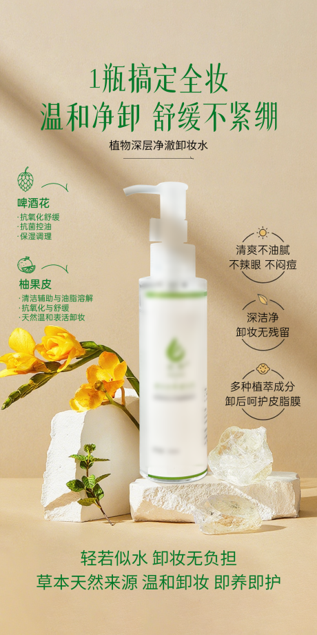 源文件下载【享设计】搜索编号：42550036595672556【美业护肤品卸妆水功效海报】