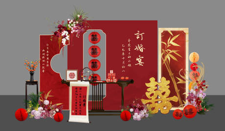源文件下载【享设计】搜索编号：55090036401784665【中式红色金竹订婚宴】