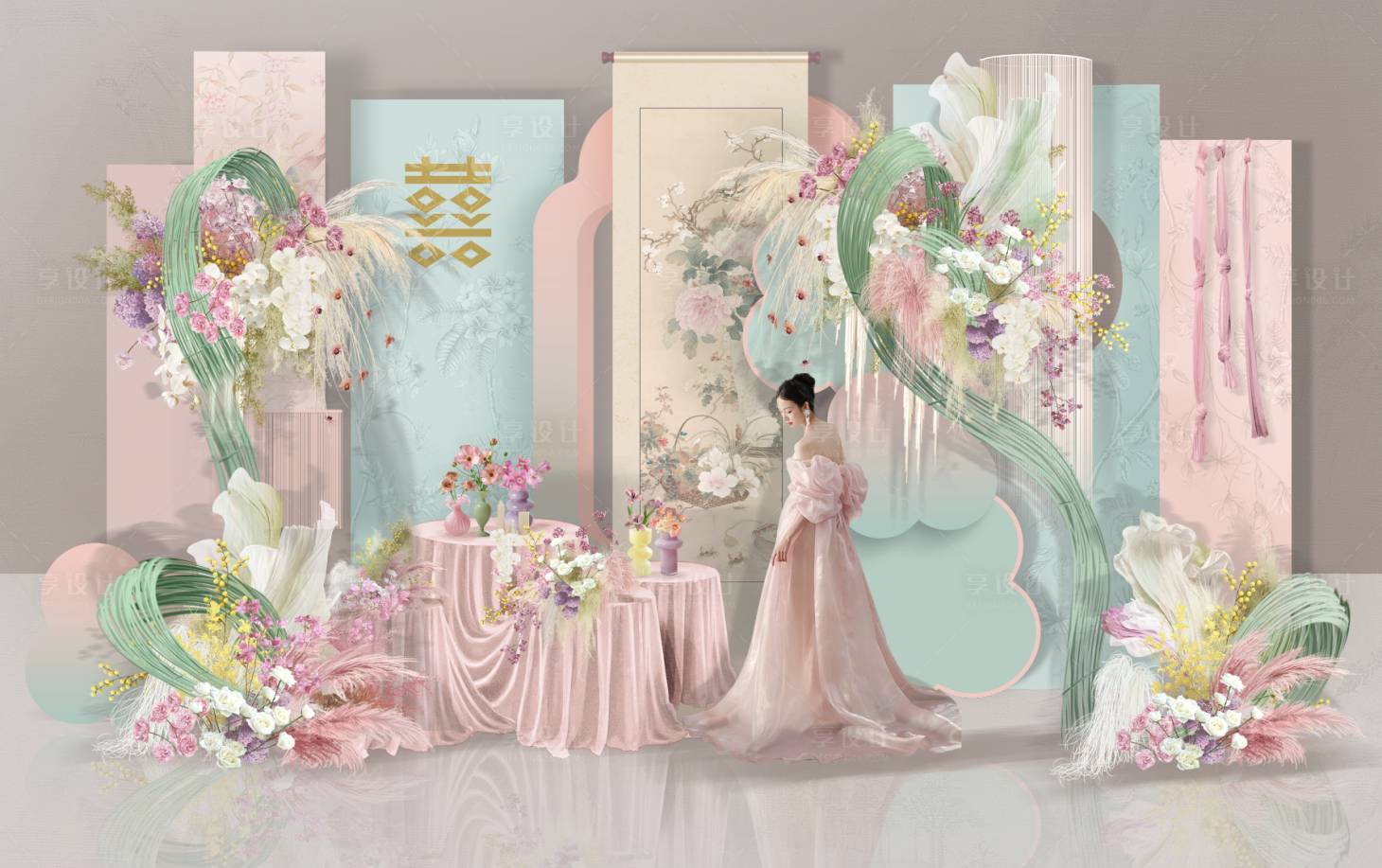源文件下载【享设计】搜索编号：77450036402222749【粉蓝色新中式订婚宴】