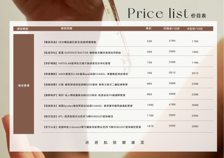 源文件下载【享设计】搜索编号：90250036388498646【美业医美皮肤管理价目表】