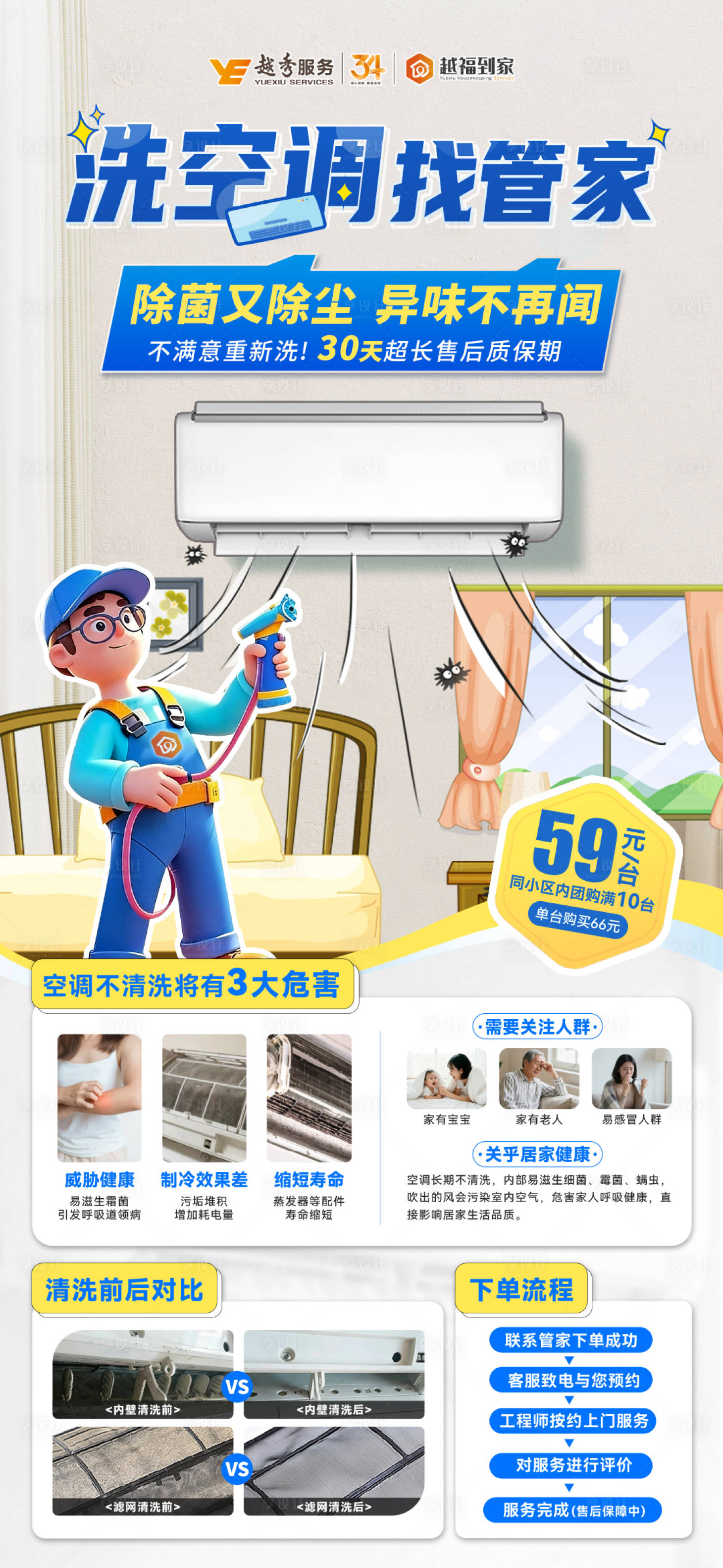 源文件下载【享设计】搜索编号：90260036382553718【夏季插画空调清洗价格海报】