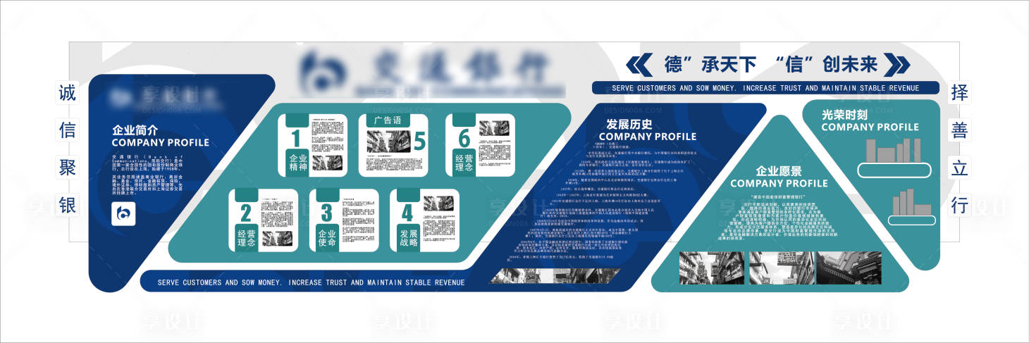 源文件下载【享设计】搜索编号：98330036534844389【蓝绿色企业展厅历程品牌文化墙】