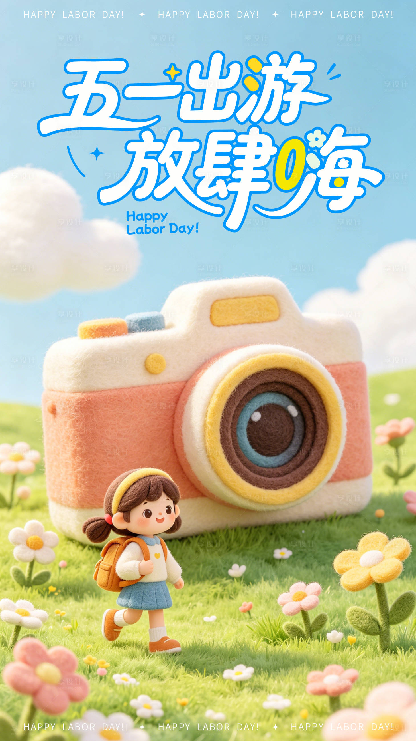 源文件下载【享设计】搜索编号：55110036331463638【五一出游放肆嗨3D毛毡风海报】