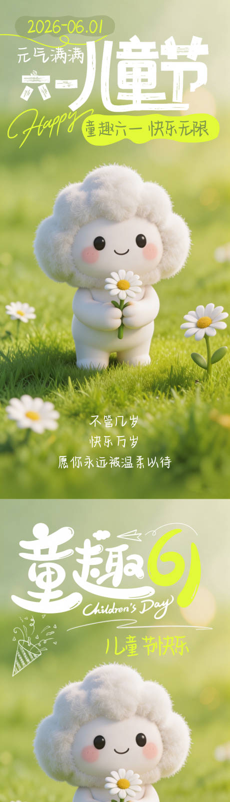 源文件下载【享设计】搜索编号：53170036555542664【儿童节六一草地可爱治愈插画海报】