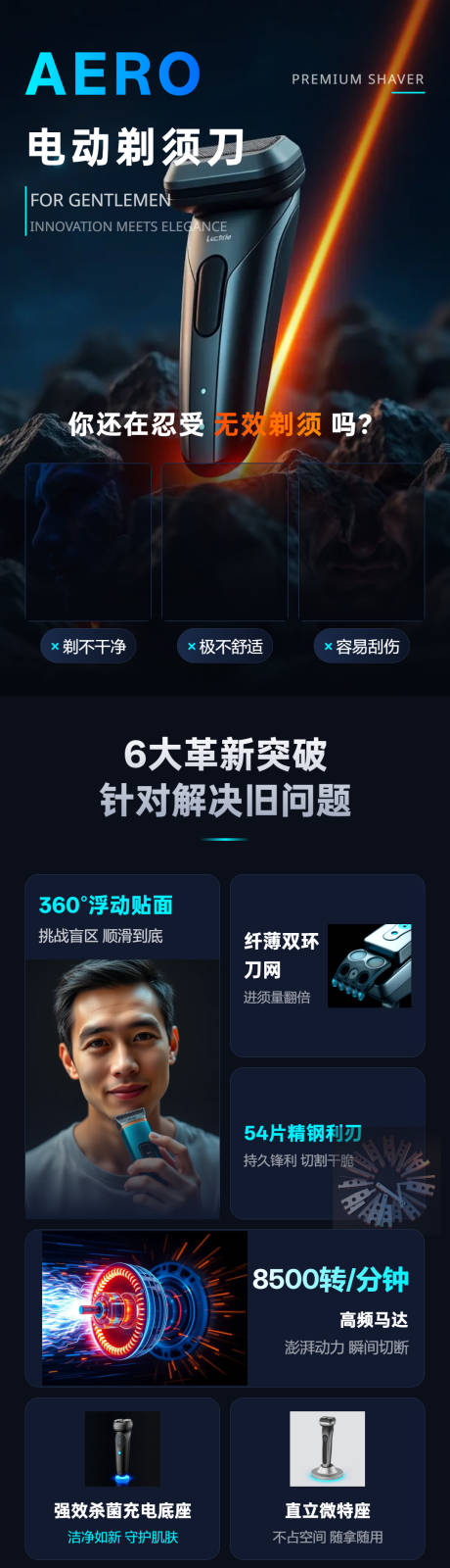 源文件下载【享设计】搜索编号：44530036284924423【高端科技风电动剃须刀长图详情页】