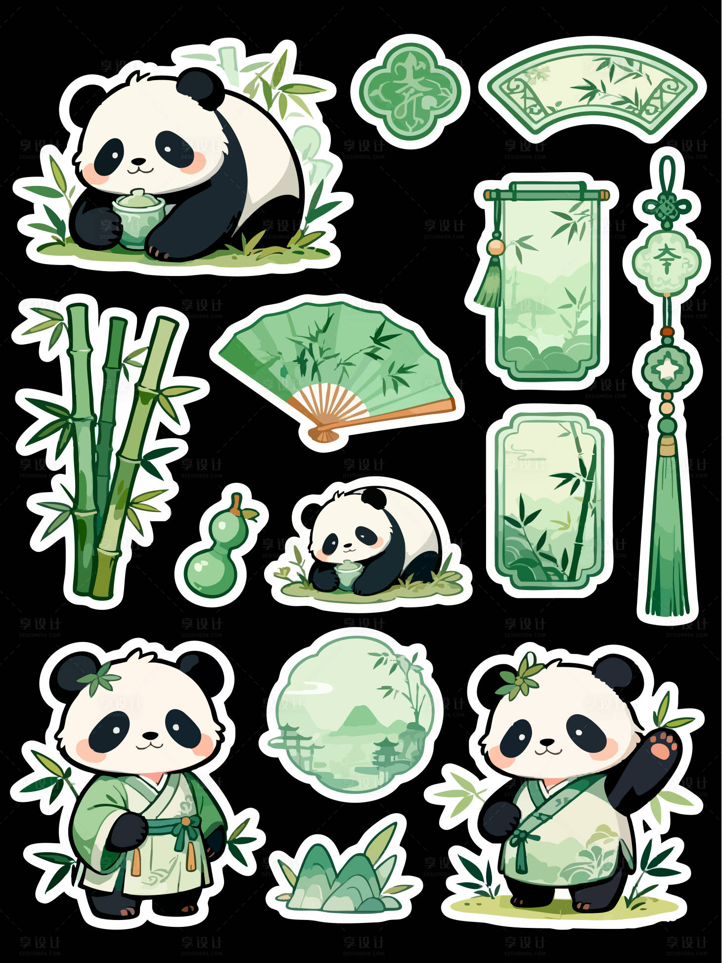 源文件下载【享设计】搜索编号：66040036813686535【古风Q版熊猫主题插画集手帐贴纸】
