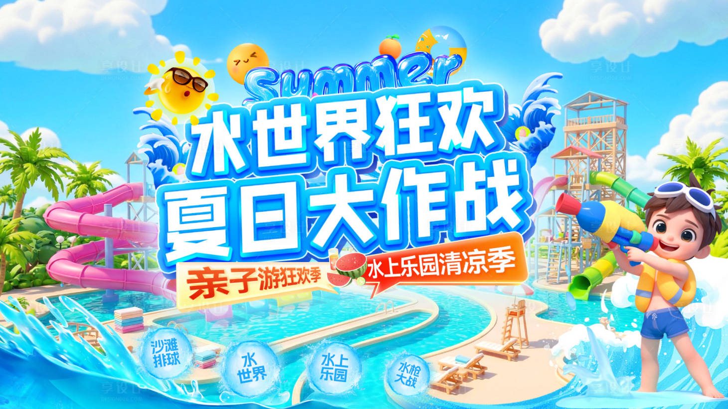 源文件下载【享设计】搜索编号：13010037059242910【夏日暑期大作战水世界水上乐园亲子游嘉】