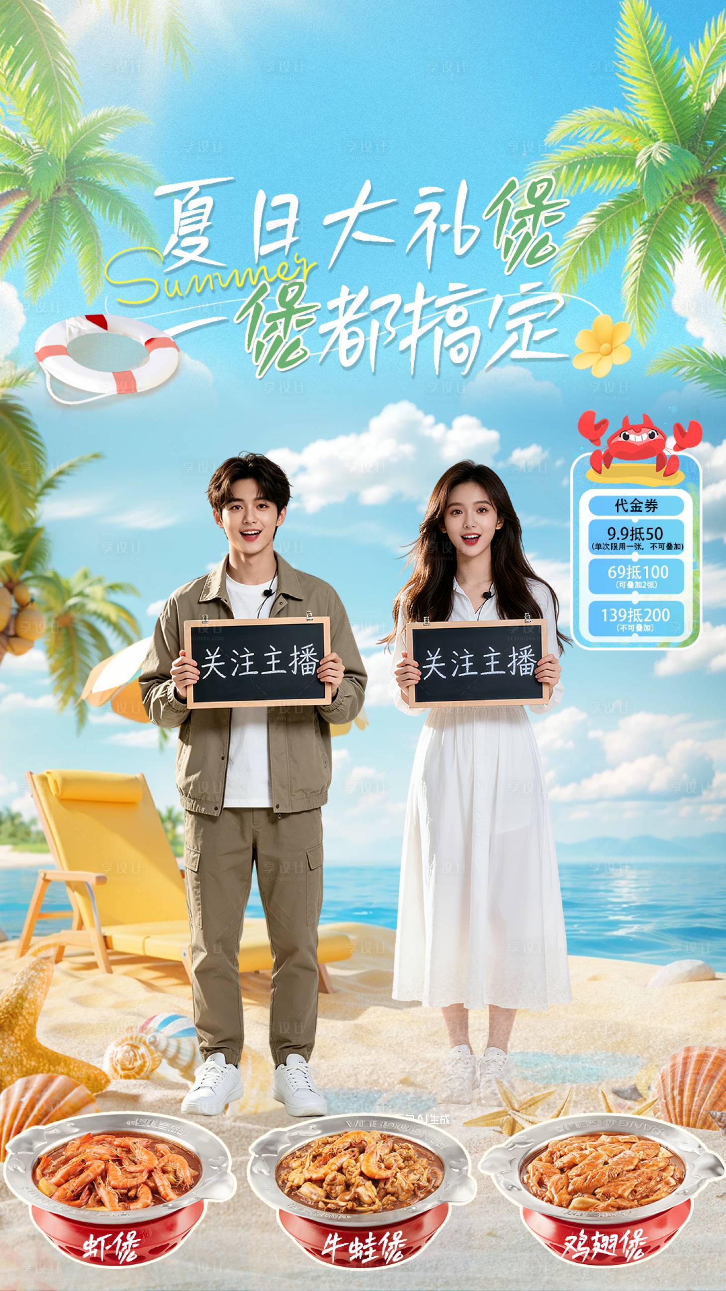 源文件下载【享设计】搜索编号：27750036681859764【餐饮夏日直播贴片海报】