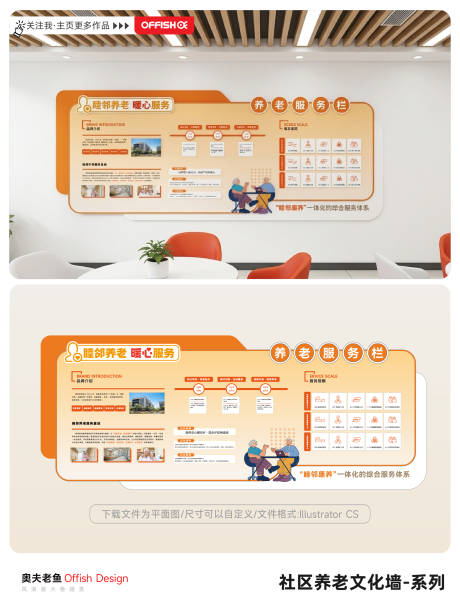 源文件下载【享设计】搜索编号：12170036759831665【橙色睦邻养老服务文化墙】