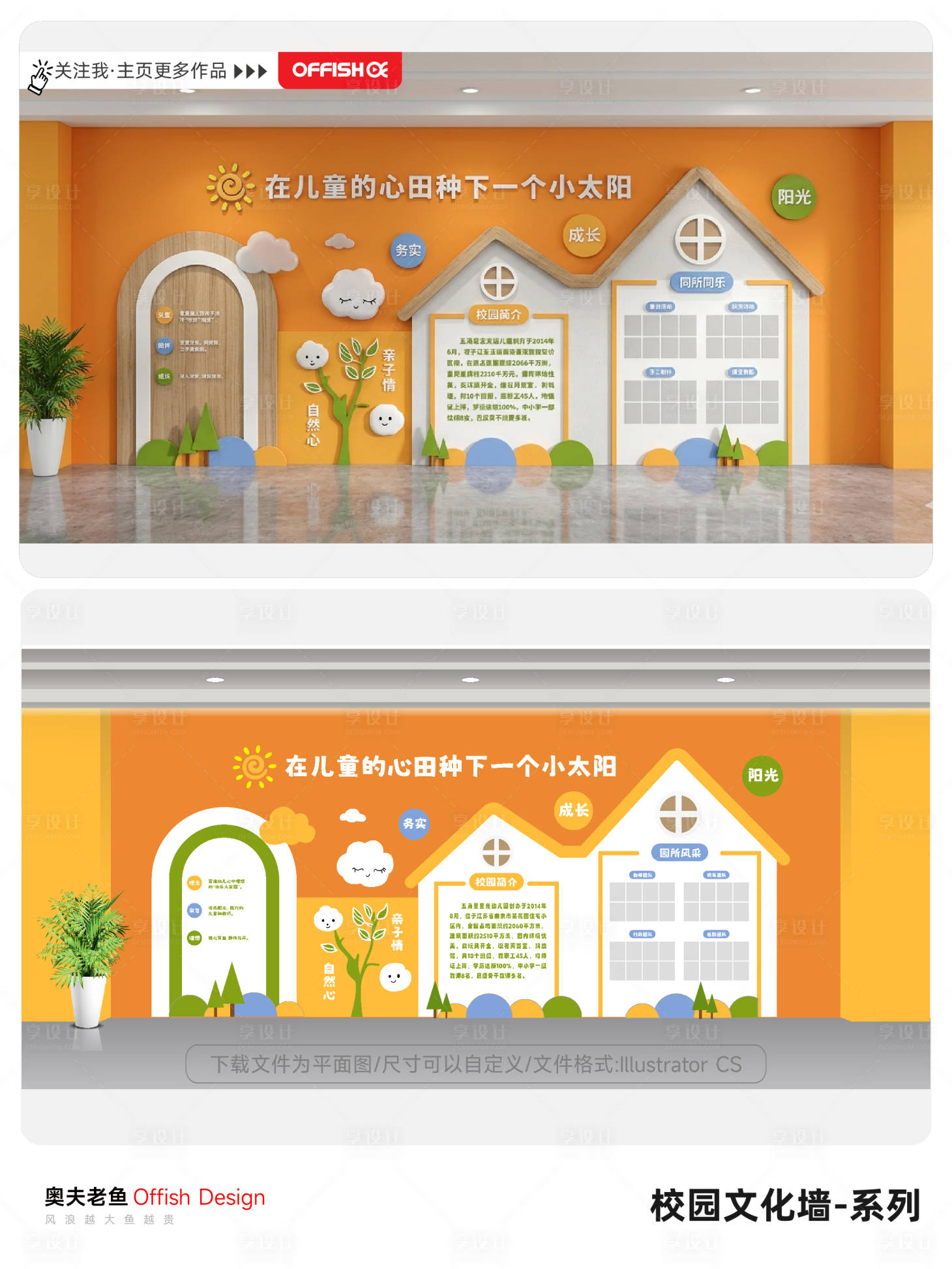 源文件下载【享设计】搜索编号：40580036728654876【橙色幼儿园校园文化墙校园简介活动展】
