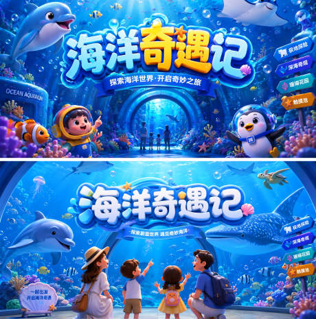 源文件下载【享设计】搜索编号：20590037284339824【海洋世界亲子水上游乐场海洋馆背景板】