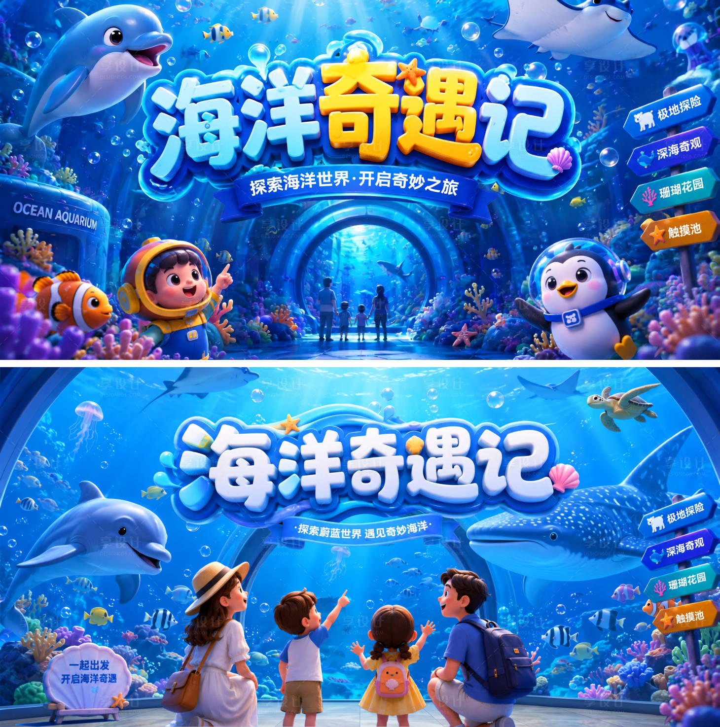 源文件下载【享设计】搜索编号：20590037284339824【海洋世界亲子水上游乐场海洋馆背景板】