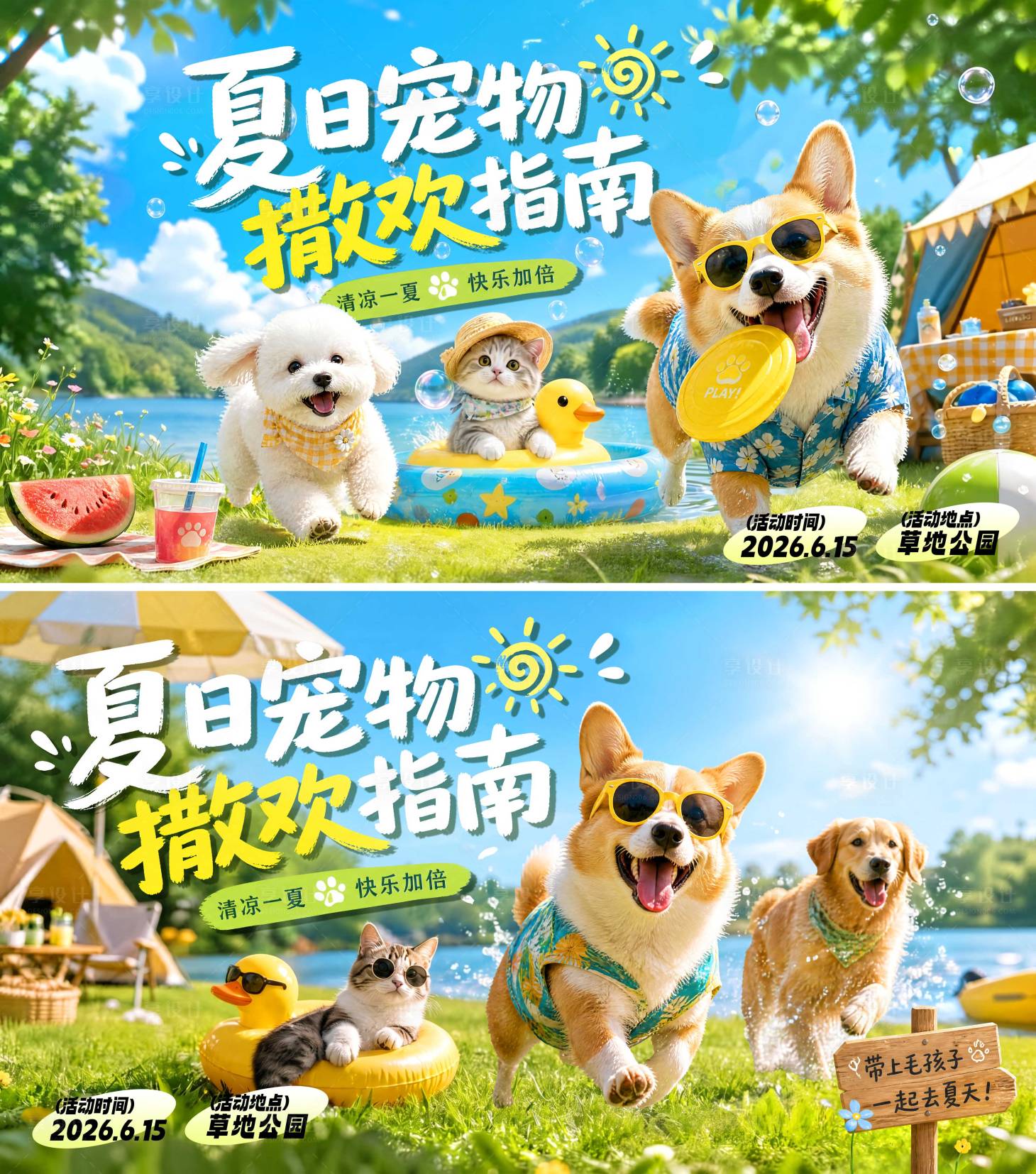 源文件下载【享设计】搜索编号：88630037595523429【夏日萌宠宠物猫猫狗狗户外野餐运动会 】