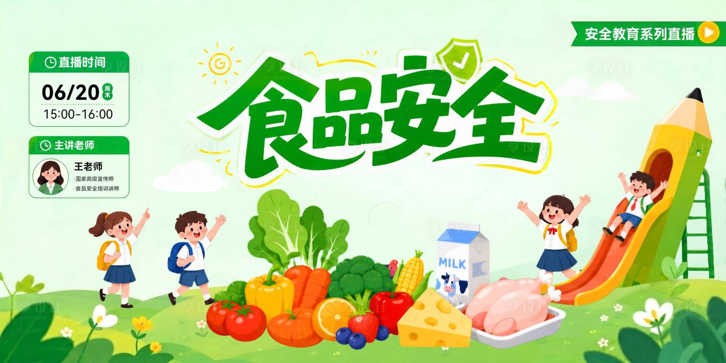 源文件下载【享设计】搜索编号：46570037749819327【食品安全教育校园学校儿童卡通背景板活】