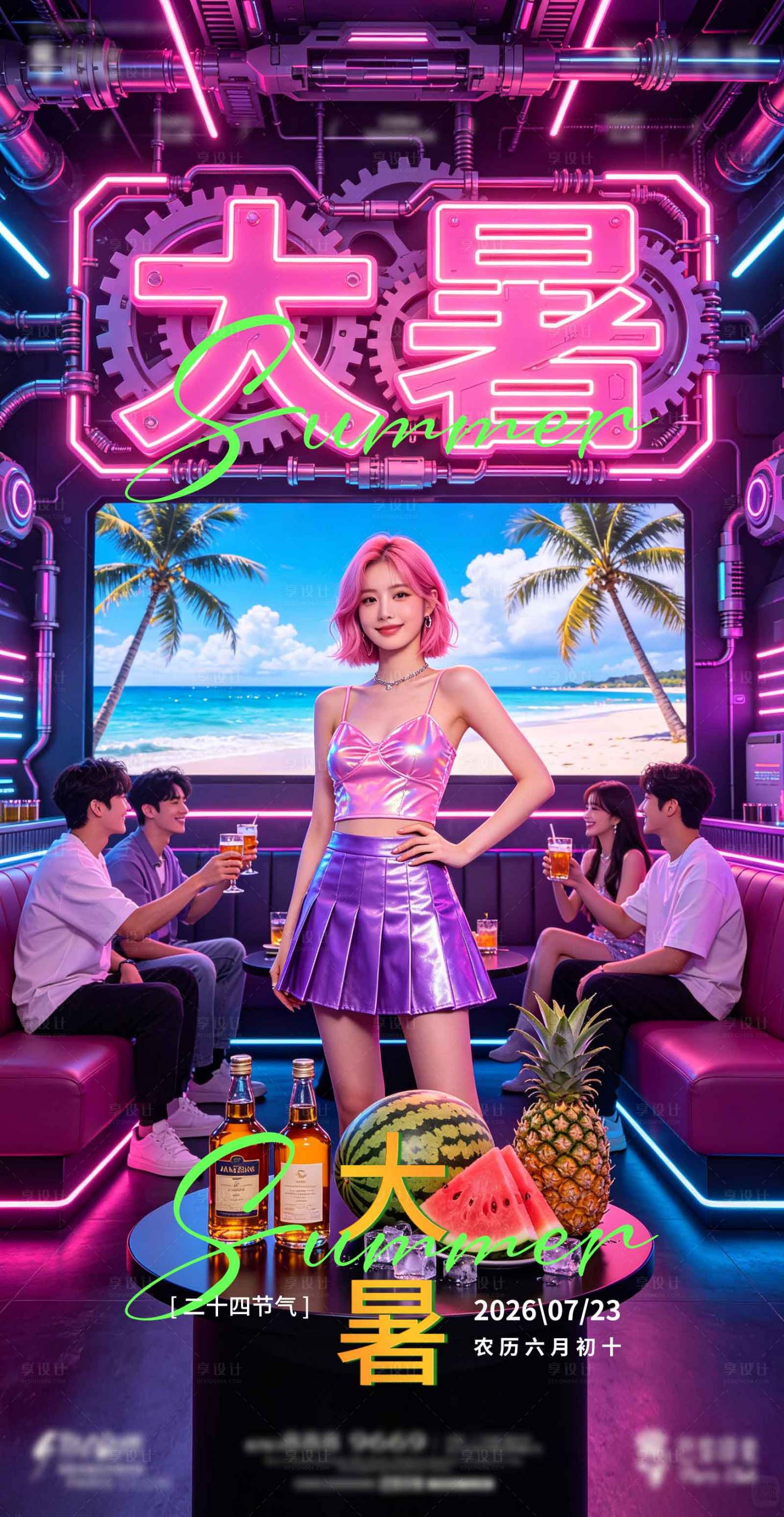 源文件下载【享设计】搜索编号：57320037871767598【酒吧大暑节气预定海报】